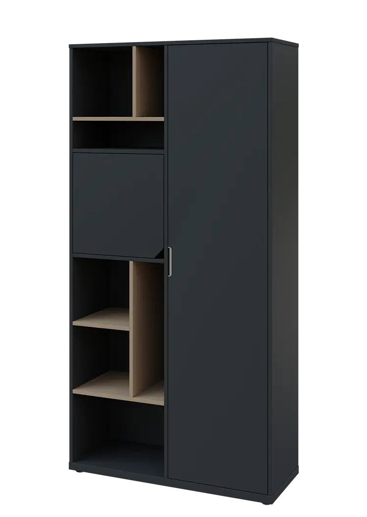 KSR6-83 P skříň šatní, 1x výsuvné ramínko, dvířka, niky, 2053x1022x400 mm, provedení pravé, korpus a dvířka antracit/police latte